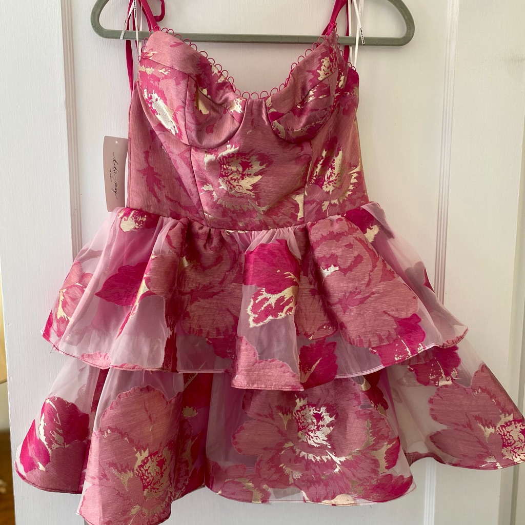 Katie May Sahara Pink Floral Print Jacquard Satin Tulle Tiered Mini Dress Medium